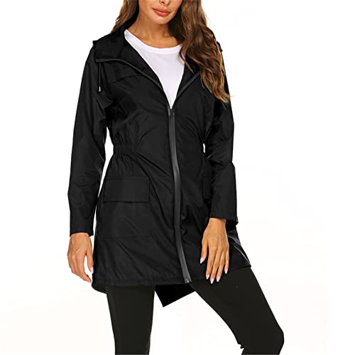 SotRong Damen Leichter Regenmantel Packbar Windbreaker Winddicht Aktiv Outdoorjacke Wasserdicht Showeproof Lange Kapuze Trenchmäntel Poncho für Wandern Camping, Schwarz , 36 von SotRong