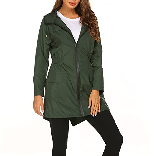 SotRong Leichter Regenmantel für Damen, verstaubar, winddicht, aktiv, Outdoorjacke, wasserdicht, regenfest, lang, mit Kapuze, Trenchcoat, Poncho für Spaziergänge, Camping, dunkelgrün, L von SotRong