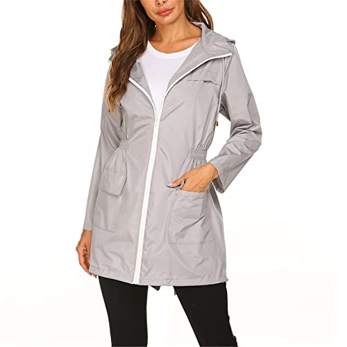 SotRong Leichter Regenmantel für Damen, verstaubar, winddicht, aktiv, Outdoorjacke, wasserdicht, regenfest, lang, mit Kapuze, Trenchcoat, Poncho für Spaziergänge, Camping, grau, M von SotRong