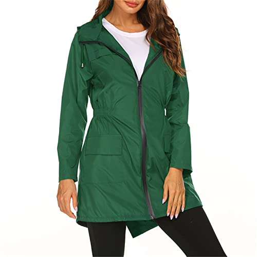 SotRong Leichter Regenmantel für Damen, verstaubar, winddicht, aktiv, Outdoorjacke, wasserdicht, regenfest, lang, mit Kapuze, Trenchcoat, Poncho für Spaziergänge, Camping, grün, 38 von SotRong