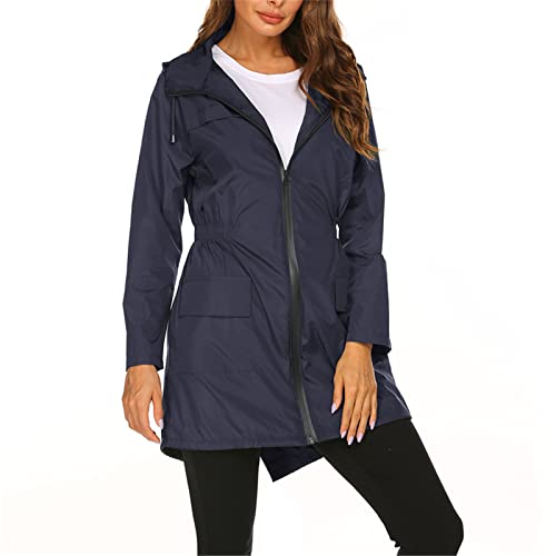 SotRong Leichter Regenmantel für Damen, verstaubar, winddicht, aktiv, Outdoorjacke, wasserdicht, regenfest, lang, mit Kapuze, Trenchcoat, Poncho für Spaziergänge, Camping, marineblau, M von SotRong