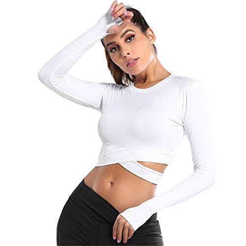 SotRong Damen Nahtlos Longsleeve Laufshirt Cross Bandage Yoga Gym Crop Top Kompression Workout Athletisches Langarmhemd mit Daumenlöchern Frauen Sport Oberteile Weiß L von SotRong