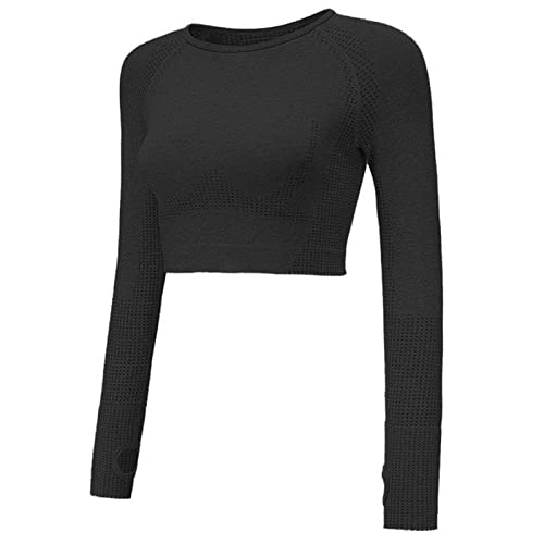 SotRong Damen Nahtlose Yoga Gym Crop Top Langarm Compression Fitness Workout Laufen T-Shirts mit Daumenloch Schwarz S von SotRong