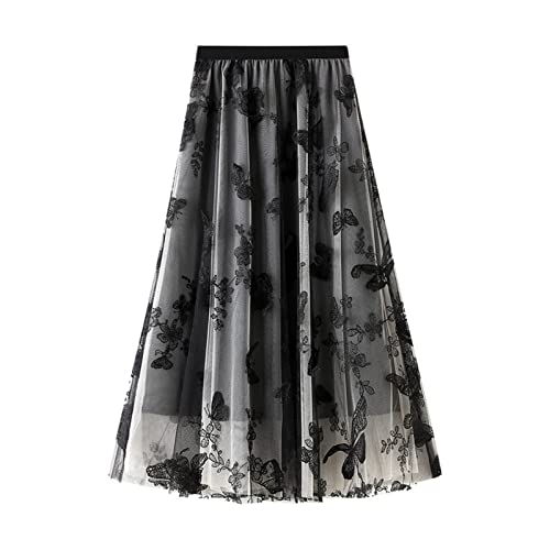 SotRong Tüllrock Grau Damen Midi Überlagerter Mehrlagiger Elastischer Hoch Taillierter A Linien Tutu Rock Mesh-Chiffon-Faltenrock mit Blumendekoration von SotRong