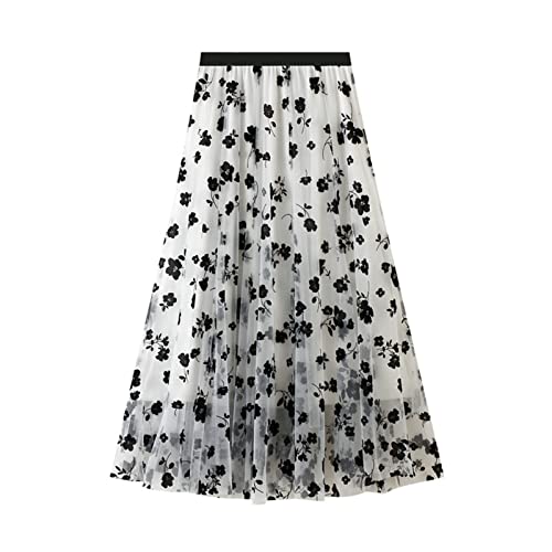SotRong Tüllrock Weiß Damen Midi Überlagerter Mehrlagiger Elastischer Hoch Taillierter A Linien Tutu Rock Mesh-Chiffon-Faltenrock mit Blumendekoration von SotRong