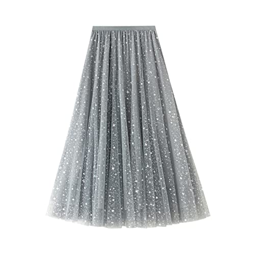 SotRong Glitzer Tüllrock Grau Damen Midi Überlagerter Mehrlagiger Elastischer Hoch Taillierter A Linien Tutu Rock Mesh-Chiffon-Faltenrock mit Blumendekoration von SotRong