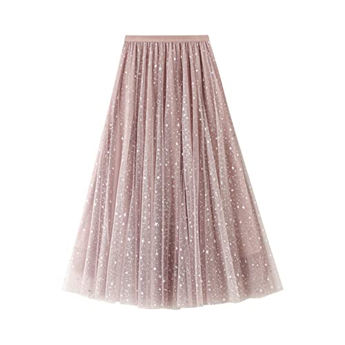 SotRong Glitzer Tüllrock Rosa Damen Midi Überlagerter Mehrlagiger Elastischer Hoch Taillierter A Linien Tutu Rock Mesh-Chiffon-Faltenrock mit Blumendekoration von SotRong