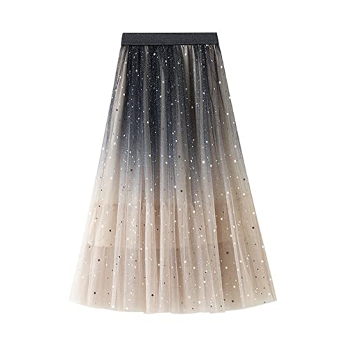 SotRong Glitzer Tüllrock Beige Damen Midi Überlagerter Mehrlagiger Elastischer Hoch Taillierter A Linien Tutu Rock Mesh-Chiffon-Faltenrock mit Blumendekoration von SotRong