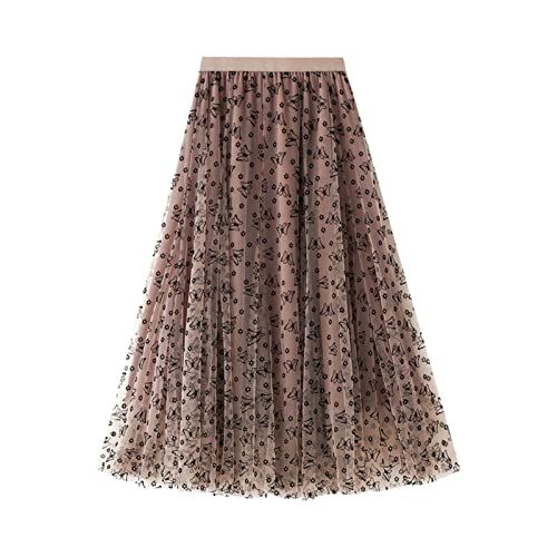 SotRong Tüllrock Beige Damen Midi Überlagerter Mehrlagiger Elastischer Hoch Taillierter A Linien Tutu Rock Mesh-Chiffon-Faltenrock mit Blumendekoration von SotRong