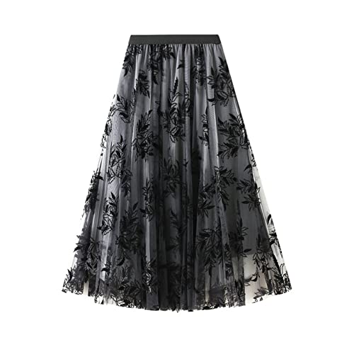 SotRong Tüllrock Schwarz Damen Midi Überlagerter Mehrlagiger Elastischer Hoch Taillierter A Linien Tutu Rock Mesh-Chiffon-Faltenrock mit Blumendekoration von SotRong