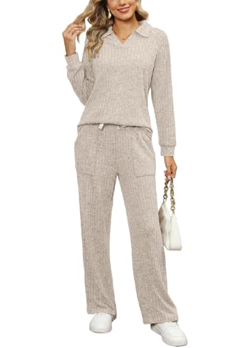 SotRong Damen Set Hose und Oberteil 2-teiliges Outfit Freizeitanzüge Gerippt Lounge-Set Damen-Trainingsanzug-Sets übergroße Langarm-Tops und Hose mit Weitem Bein mit Taschen Beige L von SotRong