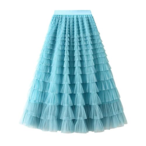 SotRong Damen Tüllrock Elastische Taille Lange Stufige Röcke Mehrschichtige Porm Faltenröcke Mesh Tutu Röcke Puffy Prinzessin Party Maxi Röcke, A-Blau, Einheitsgröße von SotRong