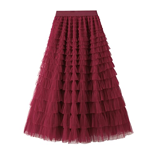 SotRong Damen Tüllrock Elastische Taille Lange Stufige Röcke Mehrschichtige Porm Faltenröcke Mesh Tutu Röcke Puffy Prinzessin Party Maxi Röcke, A-Wine Red, Einheitsgröße von SotRong