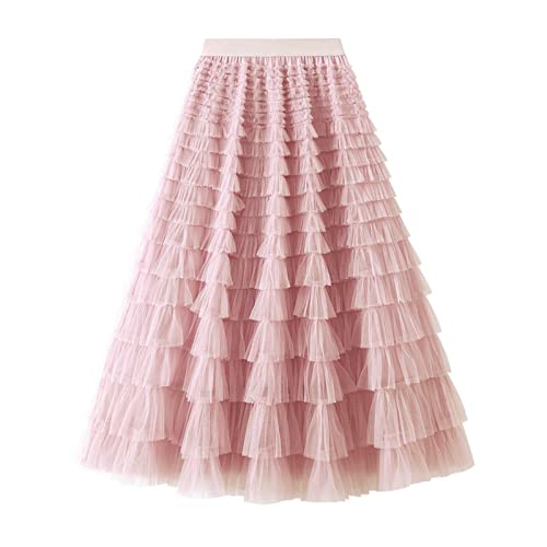 SotRong Damen Lange Stufenröcke Elastische Taille Tüllröcke Mehrschichtige Faltenröcke Mesh Tutu Röcke Puffy Maxi Röcke, A-light Pink, Einheitsgröße von SotRong