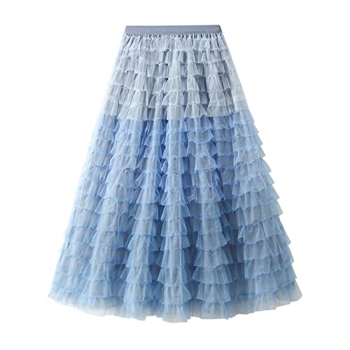 SotRong Damen Tüllrock Elastische Taille Lange Stufenröcke Mehrlagig Porm Faltenröcke Mesh Tutu Röcke Puffy Prinzessin Party Maxi Röcke, B-light blue, Einheitsgröße von SotRong