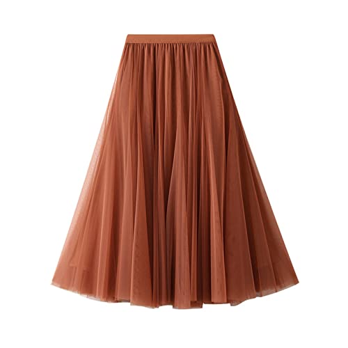 SotRong Tüllrock Lang Damen Elegant Elastisch Hohe Taille Mesh Plissee Maxirock Ballett Hochzeit Party Abschlussball Sommerrock Orange von SotRong