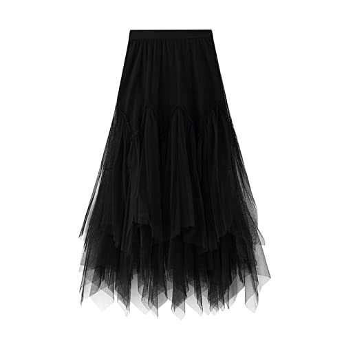 SotRong Tüllrock Damen Karneval Asymmetrisch Midirock Elastisch Hohe Taille Stufendecke Mesh Ballett Hochzeit Party Abschlussball A-Linie Plissee Wadenrock Schwarz von SotRong