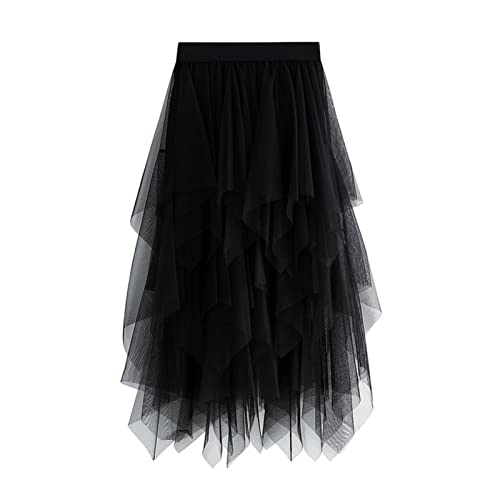 SotRong Schwarz Tüllrock Damen Karneval Asymmetrisch Midirock Elastisch Hohe Taille Plissee Stufendecke Sommerrock Elegant Mesh Ballett Hochzeit Party Abschlussball Tutu Rock von SotRong