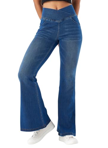 SotRong Damen V Crossover Bund Flare Jeans High Waist Stretch Skinny Bauchkontrolle Pull On Bootcut Schlaghose Bootcut Denim Hose Marineblau M von SotRong