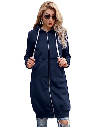 SotRong Fleece Jacke Frauen Zip Up Hoodies Mantel Langarm Warme Oberbekleidung Casual Lose Sweatshirts Lange Plus Size Jacke Mit Taschen Kapuze Wintermäntel Marineblau, marineblau, 54 von SotRong