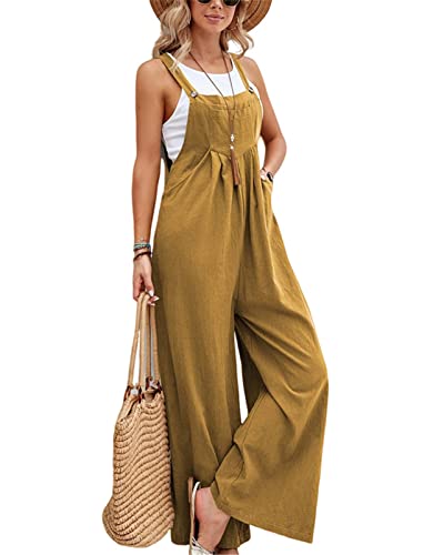 SotRong Gelb Latzhose Damen Weite Bein Schlag Jumpsuit mit Tasche Loose Fit Baggy Playsuits Sommer Boho Strampler Ärmellos Riemchen Overalls Casual Adjustable Bib Pants 3XL von SotRong