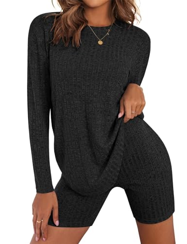 SotRong Gerippte Loungewear-Sets für Damen, zweiteiliges Outfit, Damen-Trainingsanzug-Set, bequem, übergroß, langärmelig, T-Shirt und Shorts, Freizeitbekleidungssets, Schwarz , 42 von SotRong