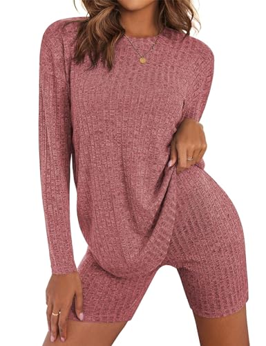 SotRong Gerippte Loungewear-Sets für Damen, zweiteiliges Outfit, Damen-Trainingsanzug-Set, bequem, übergroß, langärmelig, T-Shirt und Shorts, Freizeitbekleidungssets, rot, 48 von SotRong