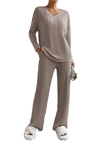 SotRong Geripptes Loungewear-Set für Damen 2-teilig Trainingsanzug Komplettes Set Damen-Pyjama-Set Loungewear Nachtwäsche Hauskleidung Khaki S von SotRong