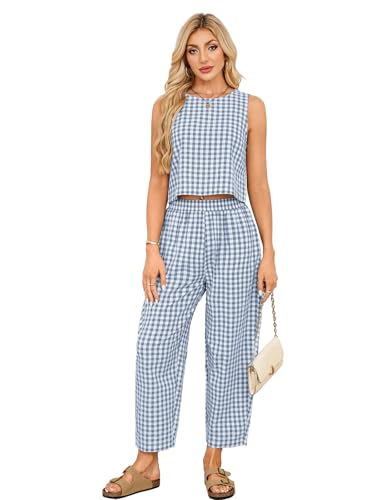 SotRong Gingham-Sommer-Outfit für Damen, entspannte, kastige Passform, kariertes Karomuster, Freizeitkleidung, ärmellos, Rundhalsausschnitt, Tank-Tops, hohe elastische Taille, kurze Hose, schickes Y2K SotRong Gingham-Sommer-Outfit für Damen, entspannte, kastige Passform, kariertes Karomuster, Freizeitkleidung, ärmellos, Rundhalsausschnitt, Tank-Tops, hohe elastische Taille, kurze Hose, schickes Y2K von SotRong