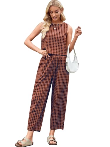 SotRong Gingham-Sommer-Outfit für Damen, entspannte, kastige Passform, kariertes Karomuster, Freizeitkleidung, ärmellos, Rundhalsausschnitt, Tank-Tops, hohe elastische Taille, kurze Hose, schickes Y2K SotRong Gingham-Sommer-Outfit für Damen, entspannte, kastige Passform, kariertes Karomuster, Freizeitkleidung, ärmellos, Rundhalsausschnitt, Tank-Tops, hohe elastische Taille, kurze Hose, schickes Y2K von SotRong