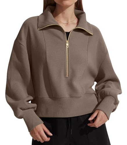 SotRong Damen-Sweatshirt mit halbem Reißverschluss, langärmelig, gerippt, mit Viertelreißverschluss, Stehkragen, Thermo-Pullover, T-Shirts mit Seitenschlitz, coffee, XL von SotRong