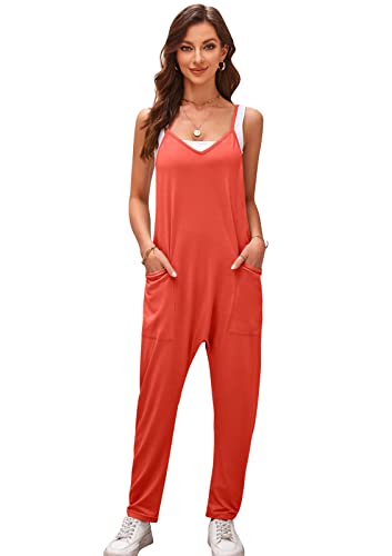SotRong Harem Jumpsuits Damen Sommer Ärmellose Casual Baggy Locker Overall Trägerhose Spaghetti-Träger Romper Oversize Lose Dehnbare Lange Playsuit mit Taschen Orange L von SotRong