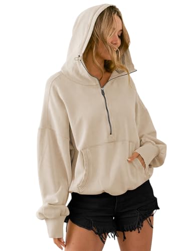 SotRong Hoodies für Damen, Uk, halber Reißverschluss, Cropped-Sweatshirt, übergroß, lockere Passform, Pullover, Langarm, Herbst, Winter, Y2K Tops mit Kängurutasche, aprikose, 38 von SotRong