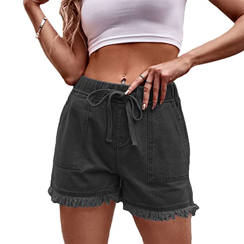 SotRong Jeans-Shorts mit ausgefranstem Saum für Damen, hohe elastische Taille, gerissene Fransen, Jeans, Shorts, einfarbig, Kordelzug, lockere Sommer-Shorts mit Taschen, Übergröße, grau, L Plus von SotRong