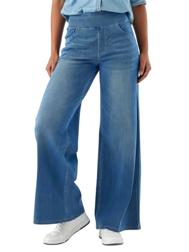 SotRong Jeans mit hoher elastischer Taille, weites Bein, zum Hineinschlüpfen, mehrere Taschen, Bauchkontrolle, gerades Bein, leger, locker, dehnbar, kurvig, Plazzo-Denim-Hose, denim-blau, XL SotRong Jeans mit hoher elastischer Taille, weites Bein, zum Hineinschlüpfen, mehrere Taschen, Bauchkontrolle, gerades Bein, leger, locker, dehnbar, kurvig, Plazzo-Denim-Hose, denim-blau, XL von SotRong