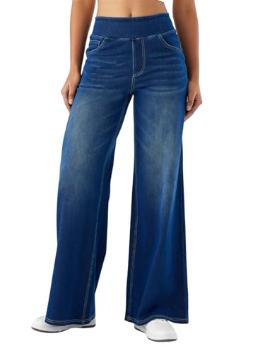 SotRong Jeans mit hoher elastischer Taille, weites Bein, zum Hineinschlüpfen, mehrere Taschen, Bauchkontrolle, gerades Bein, leger, locker, dehnbar, kurvig, Plazzo-Denim-Hose, marineblau, M SotRong Jeans mit hoher elastischer Taille, weites Bein, zum Hineinschlüpfen, mehrere Taschen, Bauchkontrolle, gerades Bein, leger, locker, dehnbar, kurvig, Plazzo-Denim-Hose, marineblau, M von SotRong