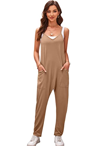 SotRong Damen Jumpsuit Khaki Overall Sommer Strampler Baumwolle Baggy-Latzhose Boho Lässig Ärmellos Harem Overall Hose M von SotRong