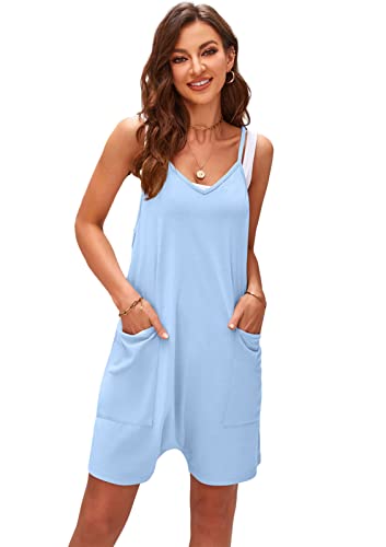 SotRong Jumpsuit Damen Kurz Overalls mit Tasche Einteilig Baggy Locker Overall Lässig Oversize Playsuit Sommer Boho Strampler Hosen Himmelblau M von SotRong