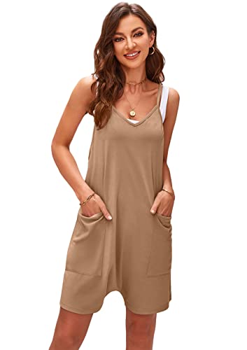 SotRong Jumpsuit Damen Kurz Sommer Hot Shot Onesie Locker Overall Ärmelloser V-Ausschnitt Jersey Playsuit Oversize Baggy Latzhosen mit Taschen Strand Boho Romper für Urlaub Reisen Khaki L von SotRong