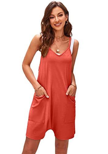 SotRong Jumpsuit Damen Sommer Locker Kurze Jumpsuits für Damen mit Tasche Einteilig Baggy-Overall Lässig Locker Oversize Playsuit Sommer Boho Strampler Hose Orange L von SotRong