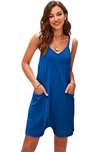 SotRong Jumpsuit Kurz Damen Solid V-Ausschnitt Sling Pocket Romper für Frauen Uk Hot Shot Onesie Jersey Playsuit Sommer Boho Strampler Lose Baggy Cami Overalls Königsblau L von SotRong