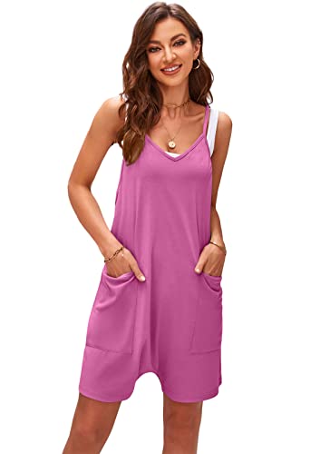 SotRong Jumpsuit Kurz Damen Sommer Solid V-Ausschnitt Sling Pocket Short Jumpsuit für Frauen Hot Shot Onesie Jersey Playsuit Sommer Boho Strampler Lose Baggy Cami Overalls Fuchsia M von SotRong