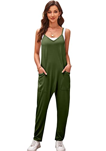 SotRong Jumpsuits für Damen Sommer-Sling-Overalls für Damen Lässiger Reise-Playsuit Modischer Harems-Strampler Ärmellos, lockerer Spaghettiträger Baggy-Overalls mit Taschen Armeegrün L von SotRong