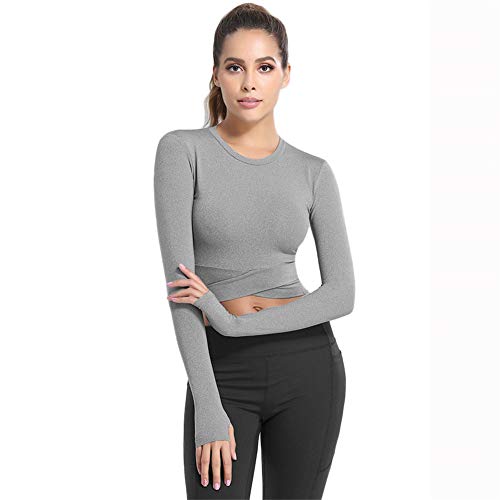 SotRong Langarm Crop Tops für Frauen Cross Wrap Workout Yoga Gym Top T-Shirts mit Daumenlöchern Damen Activewear Grau S von SotRong