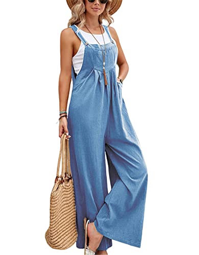 SotRong Latzhose Damen Weite Bein Schlag Jumpsuit mit Tasche Loose Fit Baggy Playsuits Sommer Boho Strampler Ärmellos Riemchen Overalls Casual Adjustable Bib Pants Hellblau M von SotRong