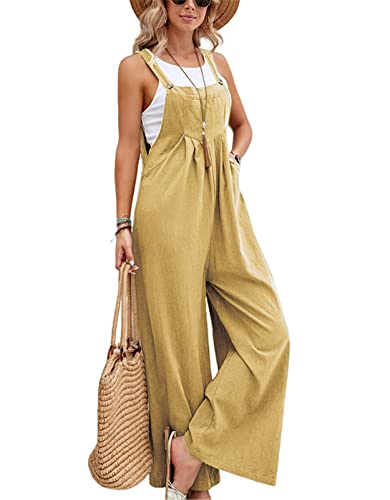 SotRong Latzhose Damen Weite Bein Schlag Jumpsuit mit Tasche Loose Fit Baggy Playsuits Sommer Boho Strampler Ärmellos Riemchen Overalls Casual Adjustable Bib Pants Hellgelb 2XL von SotRong