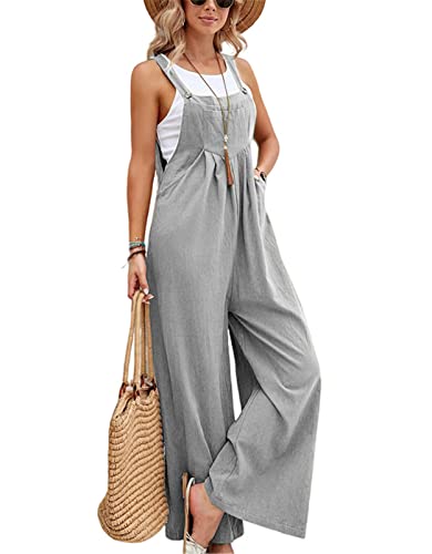 SotRong Latzhose Damen Weite Bein Schlag Jumpsuit mit Tasche Loose Fit Baggy Playsuits Sommer Boho Strampler Ärmellos Riemchen Overalls Casual Adjustable Bib Pants Hellgrau 2XL von SotRong