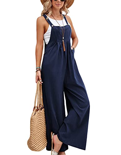 SotRong Latzhose Damen Weite Bein Schlag Jumpsuit mit Tasche Loose Fit Baggy Playsuits Sommer Boho Strampler Ärmellos Riemchen Overalls Casual Adjustable Bib Pants Marineblau L von SotRong