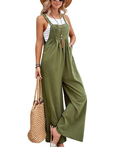 SotRong Latzhose Damen Weite Bein Schlag Jumpsuit mit Tasche Loose Fit Baggy Playsuits Sommer Boho Strampler Ärmellos Riemchen Overalls Casual Adjustable Bib Pants Militärgrün 2XL von SotRong