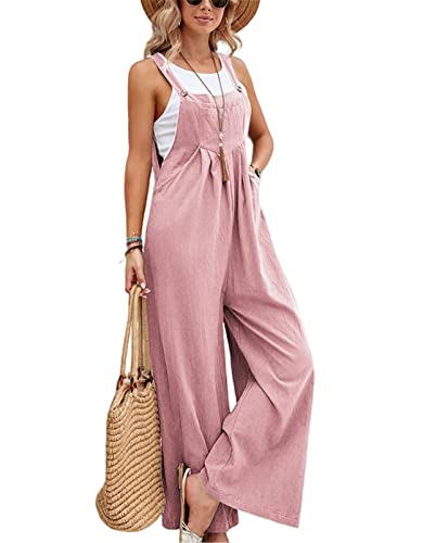 SotRong Latzhose Damen Weite Bein Schlag Jumpsuit mit Tasche Loose Fit Baggy Playsuits Sommer Boho Strampler Ärmellos Riemchen Overalls Casual Adjustable Bib Pants Rosa L von SotRong